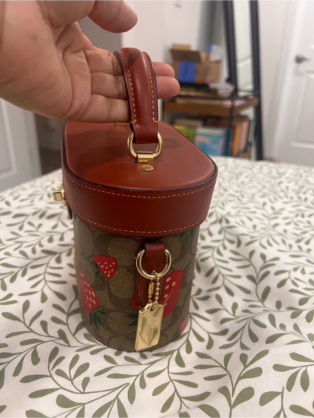 Coach Strawberry Print Signature Mini Top-Handle Bag in Red and Brown - Picture 3 of 8